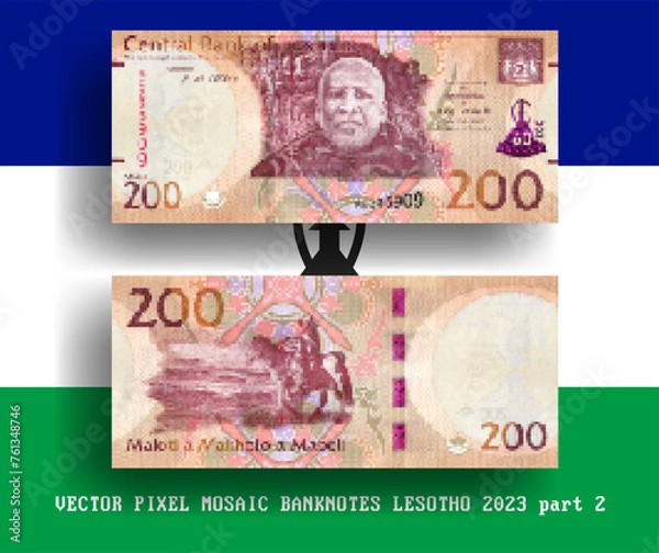 Fototapeta Vector pixel mosaic Lesotho banknote. Note in denomination of 200 maloti 2023. Obverse and reverse. Play money or flyers. Part 2