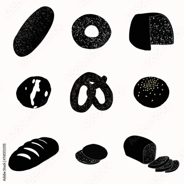 Obraz Bakery concept. Icon collection with various kinds of bread stuffed. Bread rolls, bagel, bread and pretzel top view. Isolated on white background. 