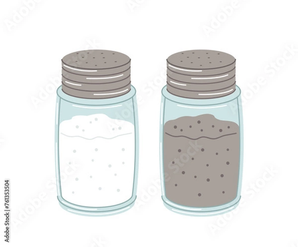 Obraz Salt shaker with salt and pepper isolated on white background. Kitchenware flat