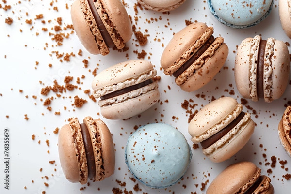 Obraz Flat lay, top view. French colored macarons isolated on white background. Copy space