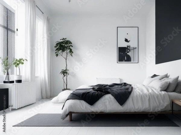 Obraz Minimalist Neutral Color Tones Bedroom Interior Design with Serene Ambiance