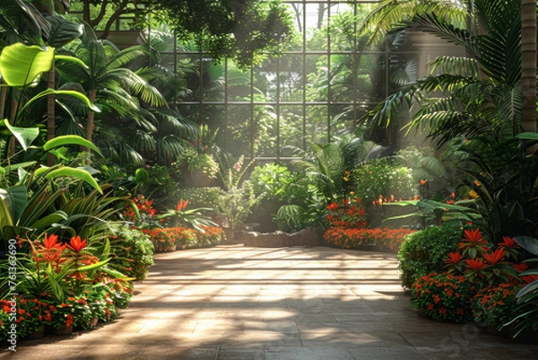 Fototapeta A historic botanical garden showcasing a diverse array of exotic plants, providing an educational escape. Concept of botanical exploration and knowledge. Generative Ai.