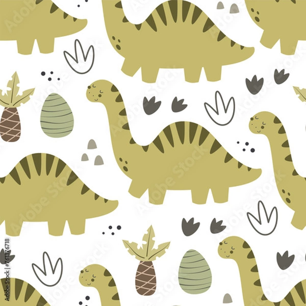 Fototapeta seamless pattern with cartoon dinosaurs, decor elements. Colorful vector flat style for kids. Animals. hand drawing. baby design for fabric, print, wrapper, textile