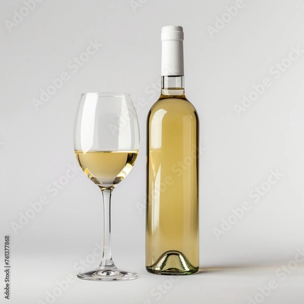 Obraz wine bottle with white wine glass standing in style of advertising photoshoot, isolated on white clean background сreated with Generative Ai