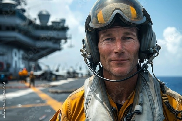 Fototapeta Naval aviator in full gear standing on aircraft carrier deck