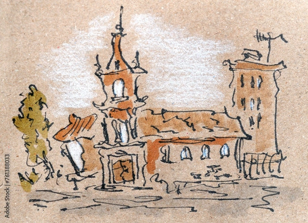 Fototapeta City sketch created with black ink and markers. Color illustration on parchment paper