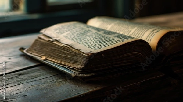 Fototapeta open book with more intact pages on a wooden table, suitable for themes of education or the appreciation of classic literature.