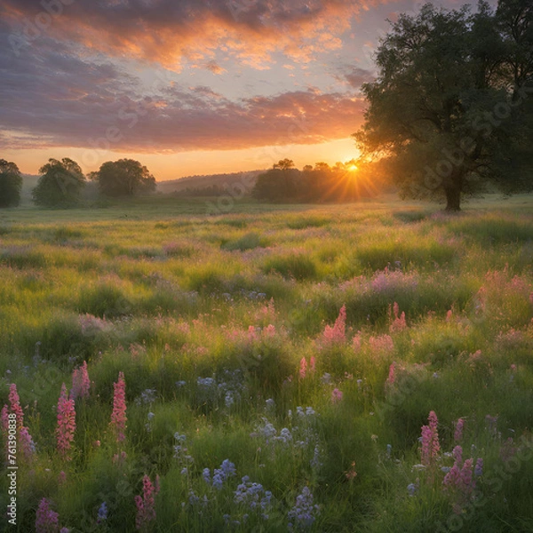 Obraz Meadow Radiance: Sunrise over Blossoming Fields