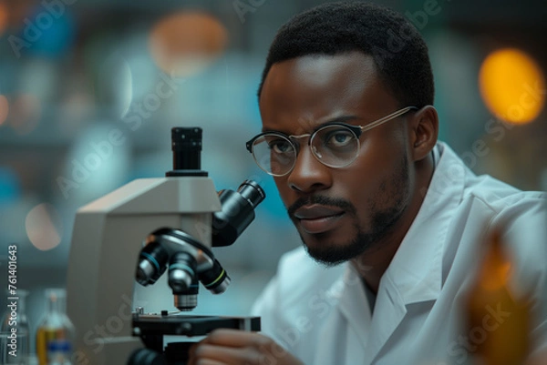 Obraz A man wearing glasses is looking through a microscope