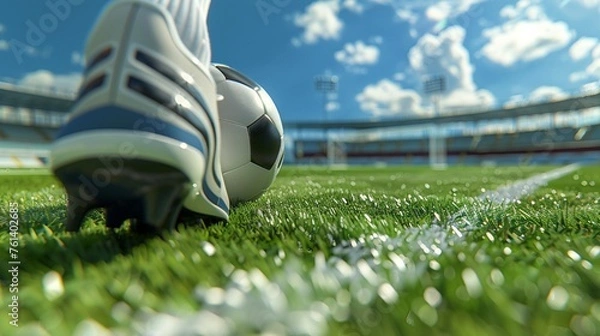 Fototapeta A close-up of a player's feet trying to kick a soccer ball on the lawn of a soccer field under a clear sky.