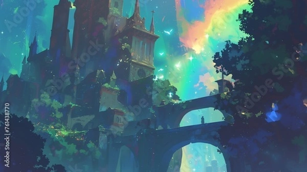 Fototapeta The scenery with beautiful fantasy castles and rainbow aurora. Generative AI