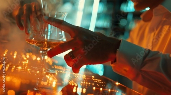 Fototapeta Caucasian man utilizes virtual assistant technology to organize a mocktail event, highlighting the fusion of AI and social planning in a vibrant setting