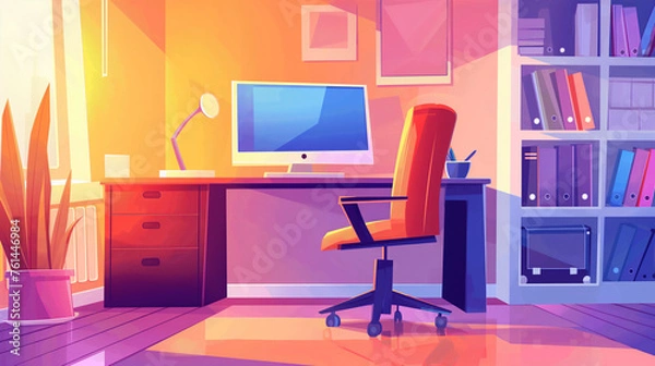 Fototapeta Workplace room, modern Interior, cabinet. Office with computer. Colorful vector illustration in flat cartoon style.