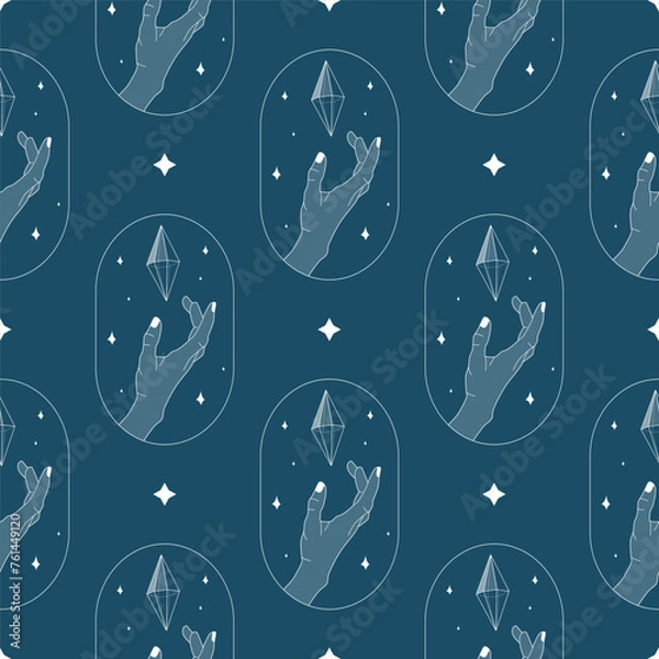Fototapeta Crystal magic minimalistic seamless pattern. Creative abstract artwork. Modern vector illustration. Transparent line art gem with stars. Minimalistic sticker design for web.
