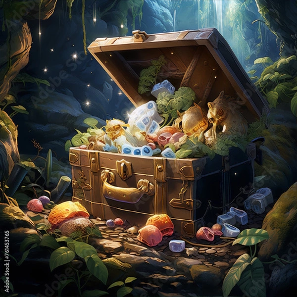 Obraz Open treasure chest overflowing with colorful objects in a lush forest.

