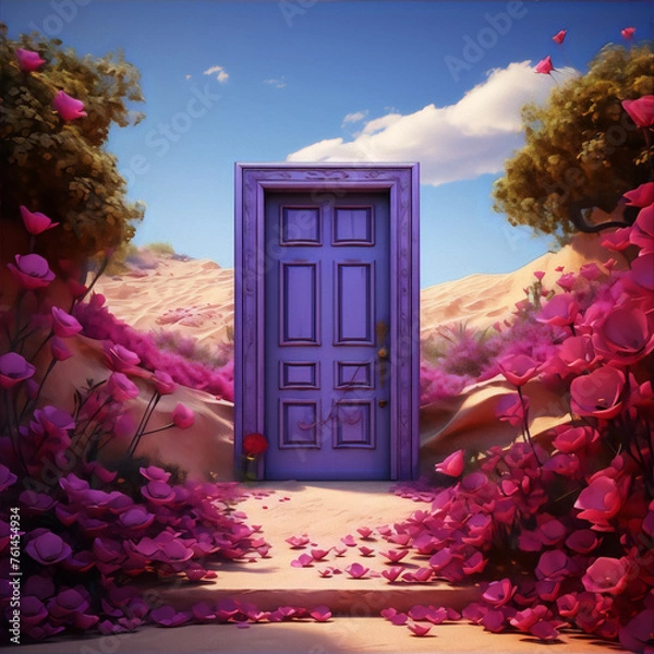 Obraz Purple door framed by pink flowers in a desert landscape. A path to a new beginning.
