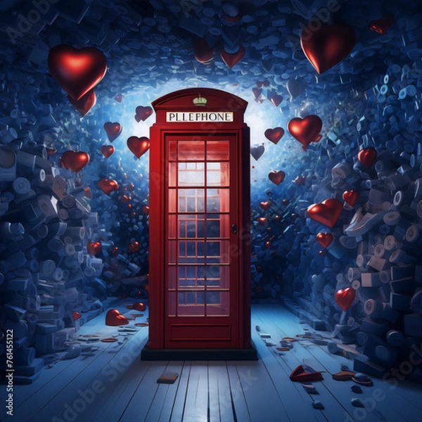 Obraz Red phone booth surrounded by hearts, a surreal scene.
