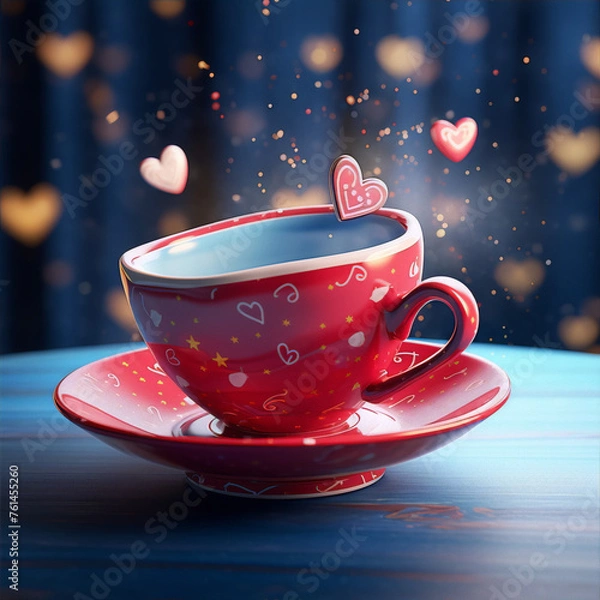 Obraz Red teacup filled with love, hearts floating around.
