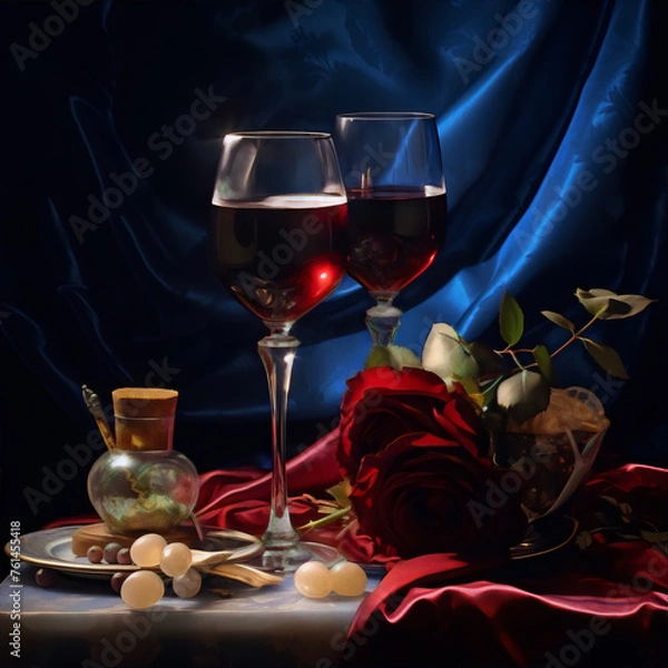 Obraz Two wine glasses filled with red wine, roses, and elegant details.
