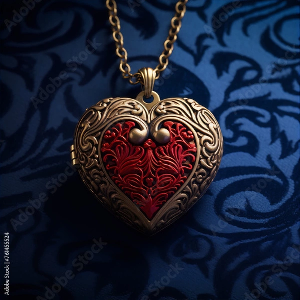 Obraz Ornate heart-shaped locket, red interior, on a chain.
