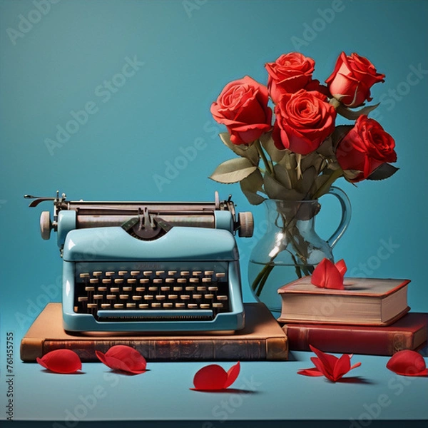 Obraz Vintage typewriter, red roses, and books; a still life of romance and writing.
