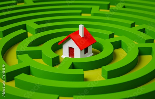 Fototapeta House in the middle of round maze. Concept of difficulties when having a home 3d rendering