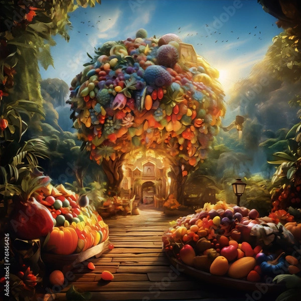 Obraz Fruit-laden tree, vibrant path, abundant harvest.
