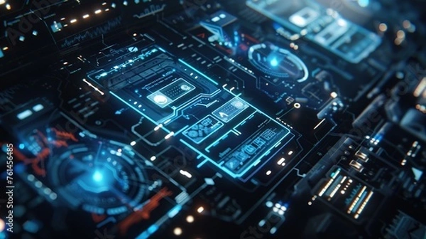 Fototapeta This image presents a high-tech blueprint, illuminating the future of technology with its complex circuit designs and neon blue highlights, ideal for topics on innovation, tech development