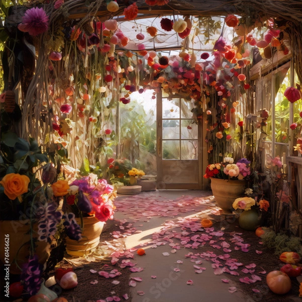 Obraz A floral-filled greenhouse, vibrant colors, peaceful atmosphere.
