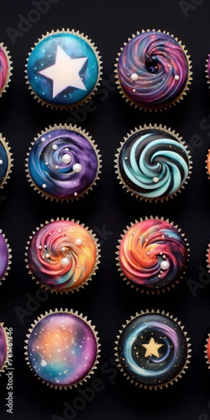 Fototapeta A variety of cupcakes decorated with colorful frosting to look like galaxies.