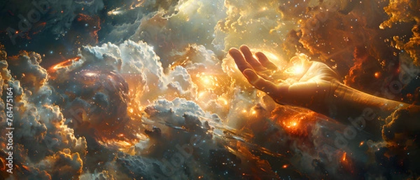 Obraz A human hand extends into a vibrant and explosive cosmic background, suggesting themes of creation and connection
