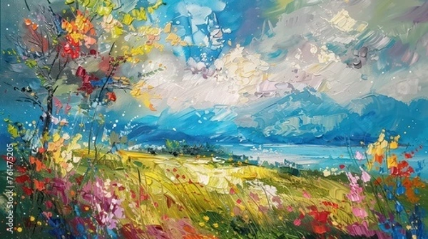 Fototapeta A vibrant and textured oil painting depicting a scenic landscape with vivid colors, representing the beauty and tranquility of nature with artistic flair