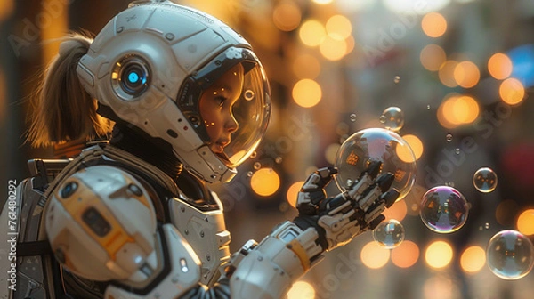 Fototapeta Child teaching a robot to catch bubbles, action shot that feels lively and heartwarming.