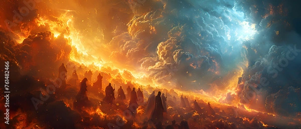 Obraz This digital artwork shows figures in a dark procession amidst a fiery, apocalyptic landscape