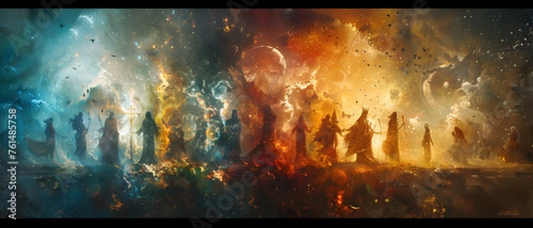 Obraz Immersive illustration featuring diverse cosmic entities gathering around a celestial spectacle, stirring emotions of awe and wonder