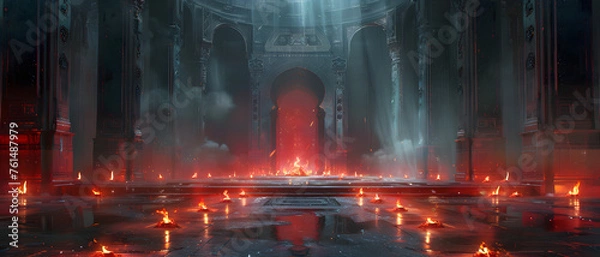 Obraz The majestic, high-ceilinged cathedral burns mysteriously, casting a dramatic interplay between light and shadow