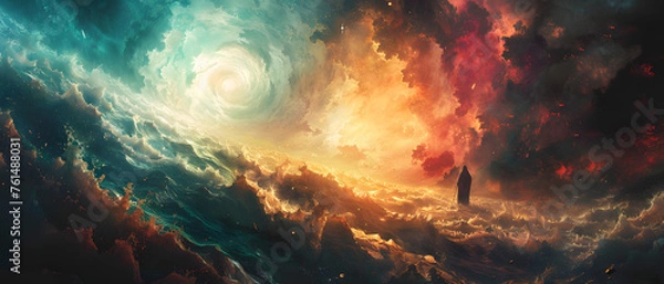 Obraz A stunning visual of a cosmic swirl of colors over tumultuous waters, suggesting an imminent transformation or revelation