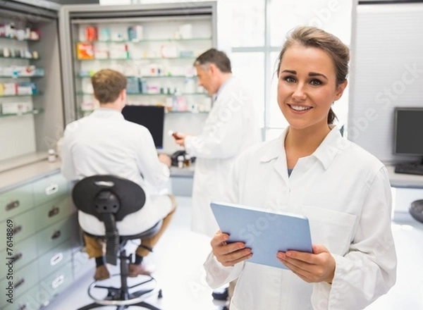 Fototapeta Junior pharmacist using tablet pc