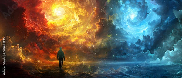 Obraz A surreal artwork of a man standing in the center, faced with contrasting fiery and icy universes, representing the concept of choice and duality