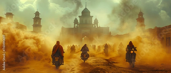 Obraz Amidst a cloud of dust, people on motorbikes approach a majestic mosque under the harsh desert sun