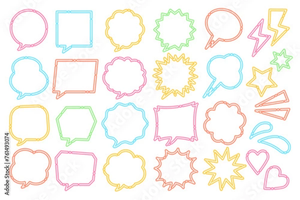 Fototapeta ネオン風のシンプルでおしゃれな破線吹き出しセット　白背景