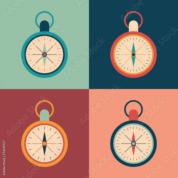 Fototapeta Colorful set of retro compasses.