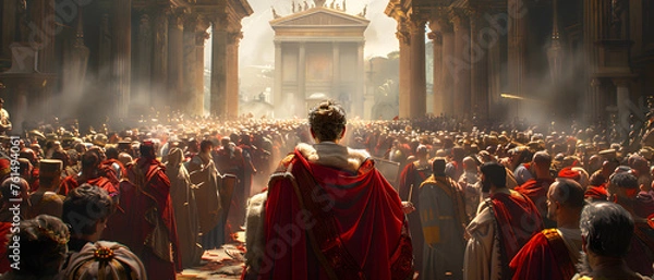 Obraz A ruler in a red cloak stands elevated above a massive crowd in an ancient, ornate city plaza