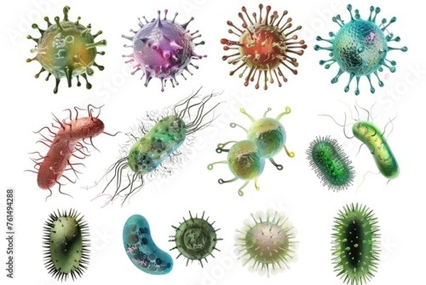 Fototapeta Different types of germs on a plain white background. Suitable for medical and scientific presentations