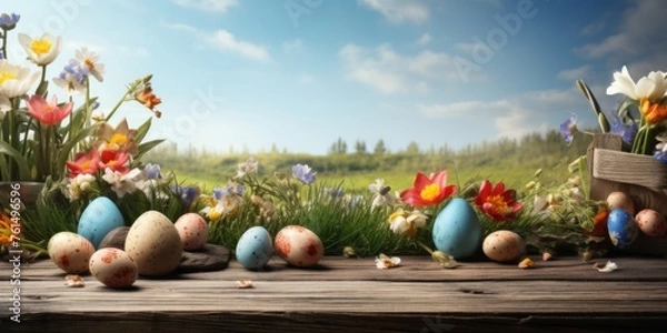 Obraz Multi-colored Easter eggs on a wooden background on Easter holiday. Generative AI