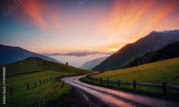 Fototapeta A road winds through a grassy field with mountains in the background. The sky is a mix of pink and orange hues, creating a serene and peaceful atmosphere