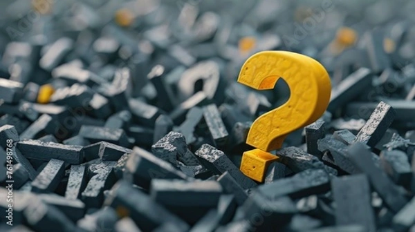Fototapeta A yellow question mark stands out in a pile of black bricks. Suitable for illustrating uniqueness and standing out from the crowd