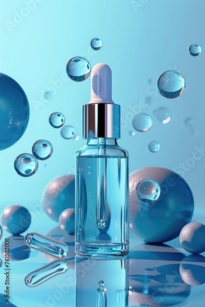 Fototapeta A bottle of blue liquid surrounded by bubbles. Suitable for science or beauty concepts