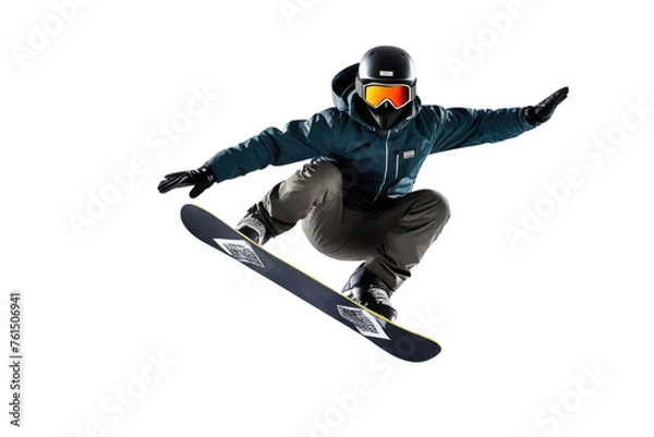 Obraz Snowboarder mid-air, full body visible, in dynamic jumping pose, stark contrast against an isolated white background, high-quality stock photography, dynamic lighting highlights muscle definition