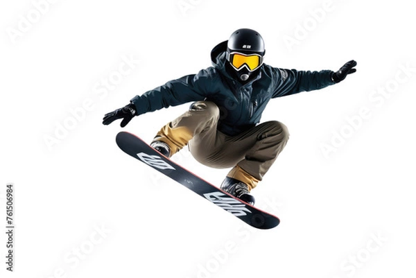 Fototapeta Snowboarder mid-air, full body visible, in dynamic jumping pose, stark contrast against an isolated white background, high-quality stock photography, dynamic lighting highlights muscle definition